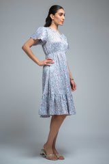 Sky Blue Poly Crepe Ruffle Sleeve Floral Print Dress