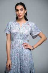 Sky Blue Poly Crepe Ruffle Sleeve Floral Print Dress