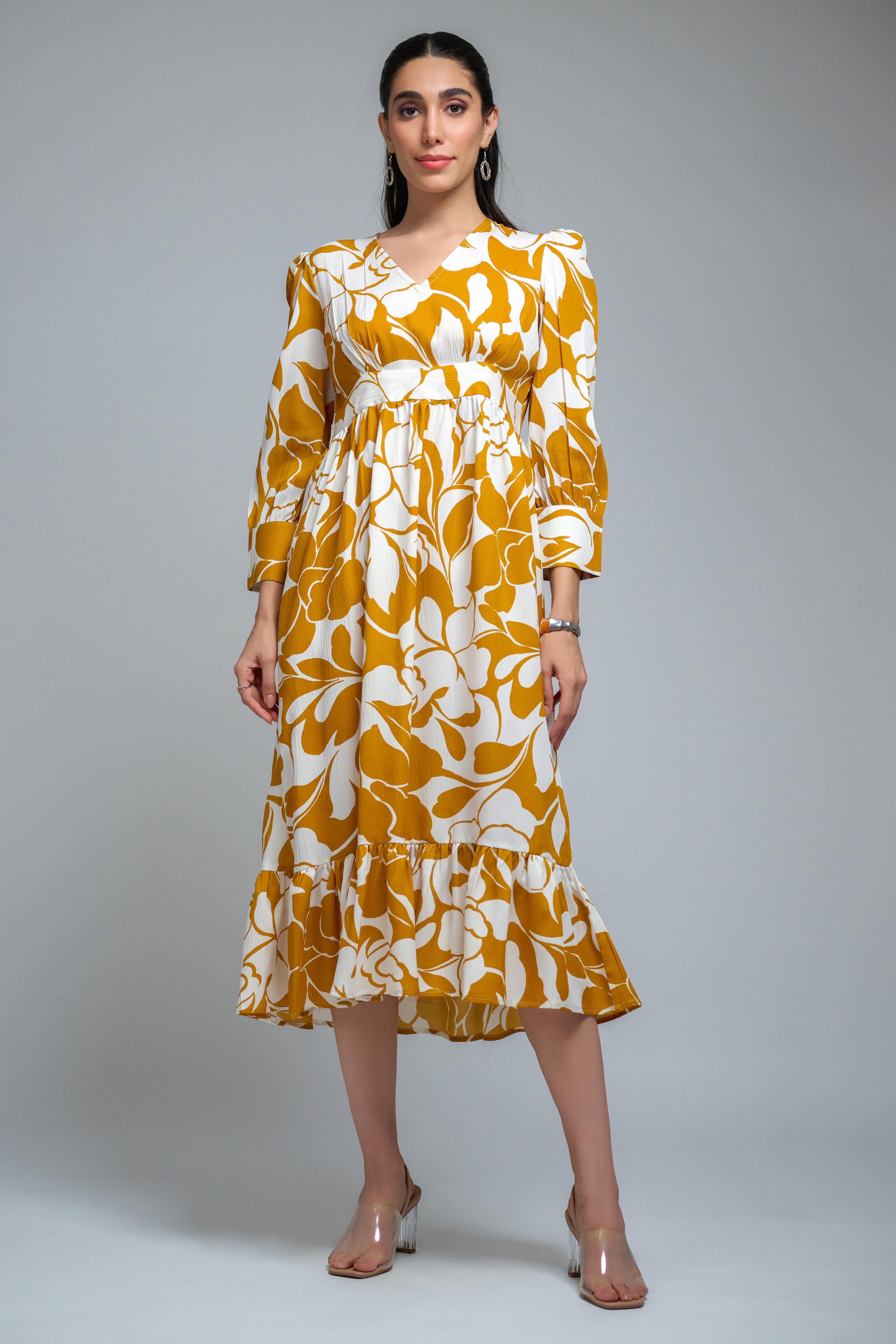 Mustard Poly Crepe Floral Print Cuff Sleeve Dress