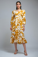 Mustard Poly Crepe Floral Print Cuff Sleeve Dress
