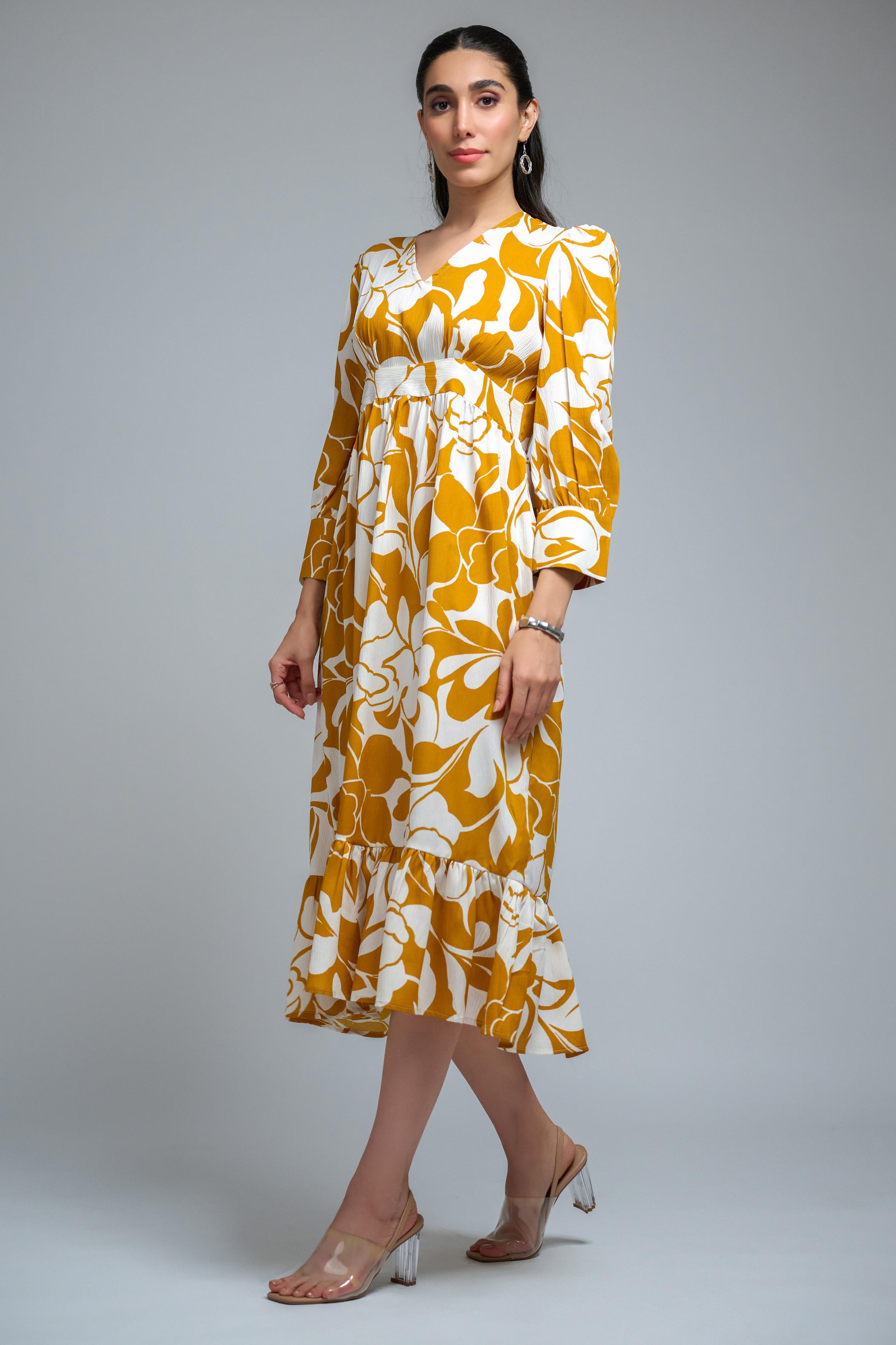 Mustard Poly Crepe Floral Print Cuff Sleeve Dress