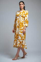 Mustard Poly Crepe Floral Print Cuff Sleeve Dress