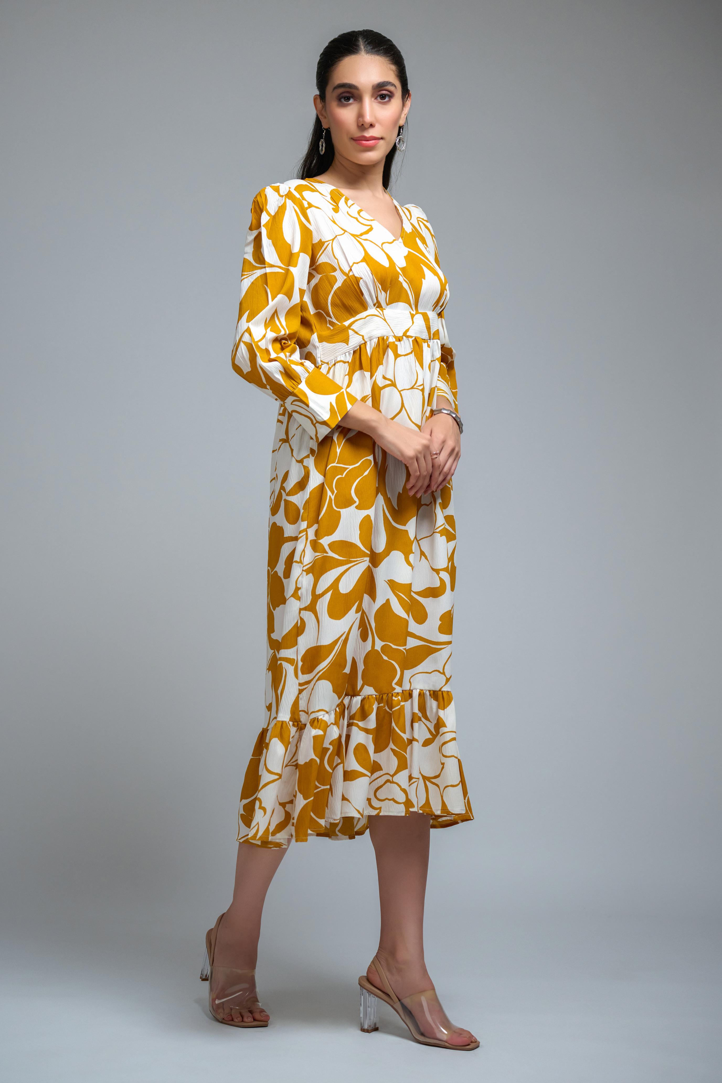 Mustard Poly Crepe Floral Print Cuff Sleeve Dress