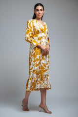 Mustard Poly Crepe Floral Print Cuff Sleeve Dress