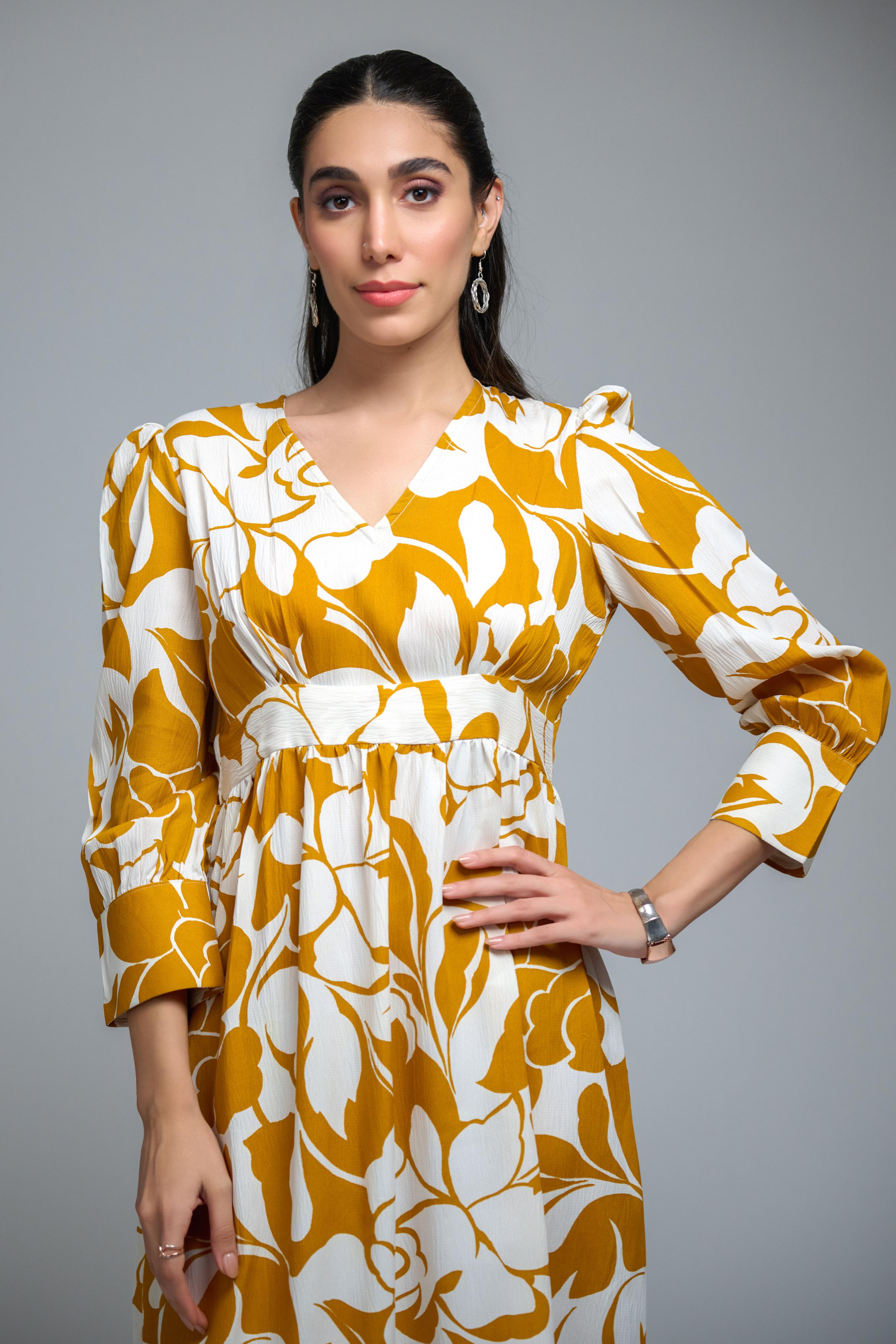 Mustard Poly Crepe Floral Print Cuff Sleeve Dress