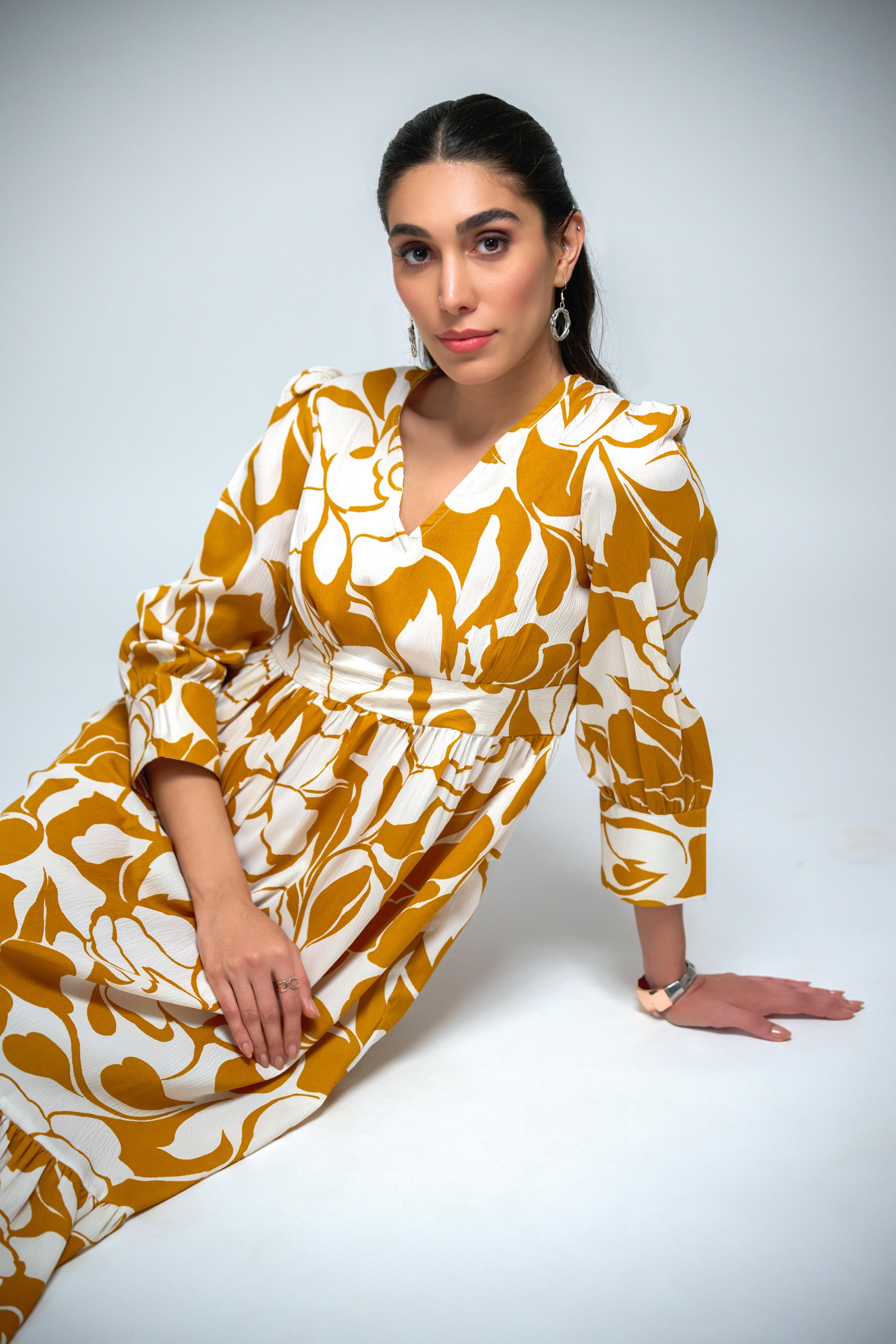 Mustard Poly Crepe Floral Print Cuff Sleeve Dress