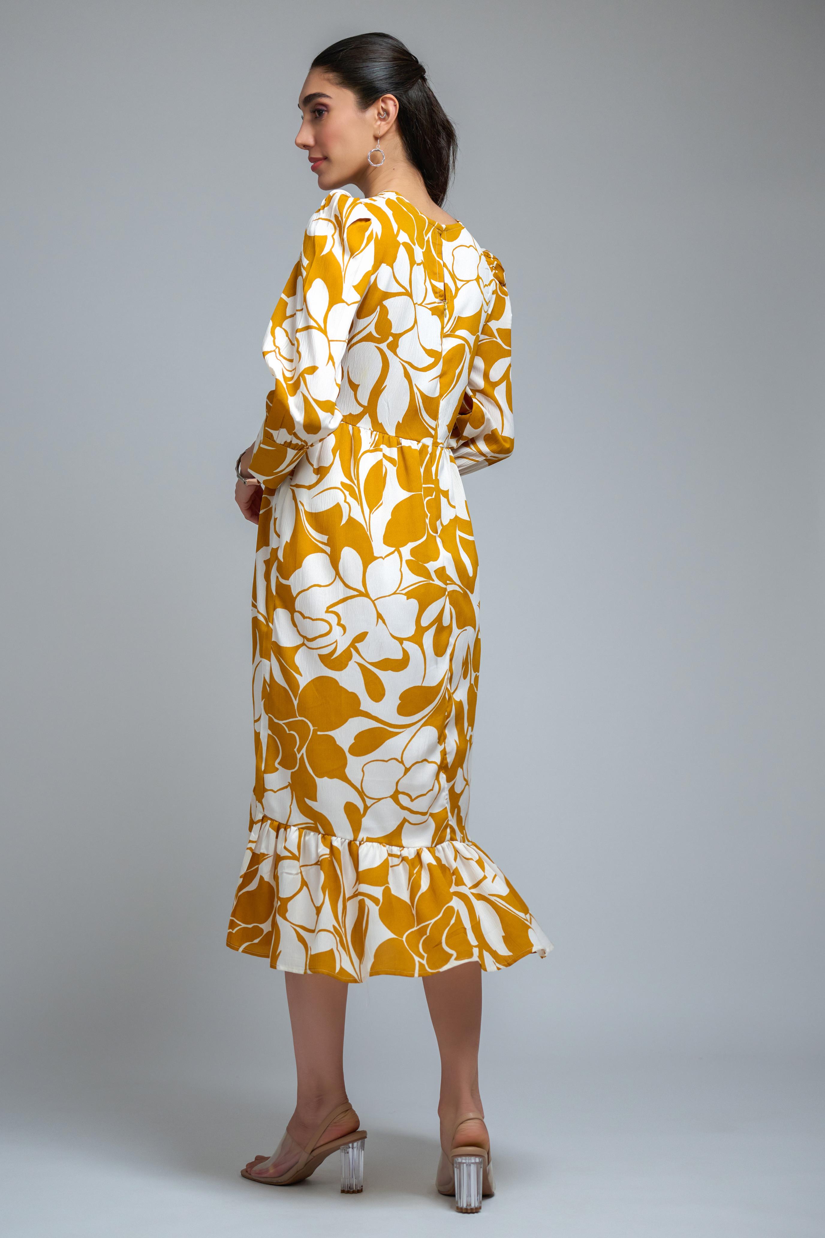 Mustard Poly Crepe Floral Print Cuff Sleeve Dress
