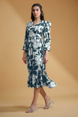 Grey Poly Crepe Cuff Sleeve Floral Print Dress