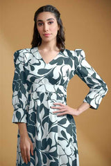 Grey Poly Crepe Cuff Sleeve Floral Print Dress