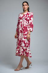 Magenta Poly Crepe Cuff Sleeve Floral Print Dress