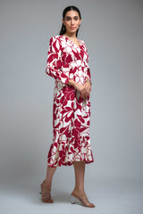 Magenta Poly Crepe Cuff Sleeve Floral Print Dress