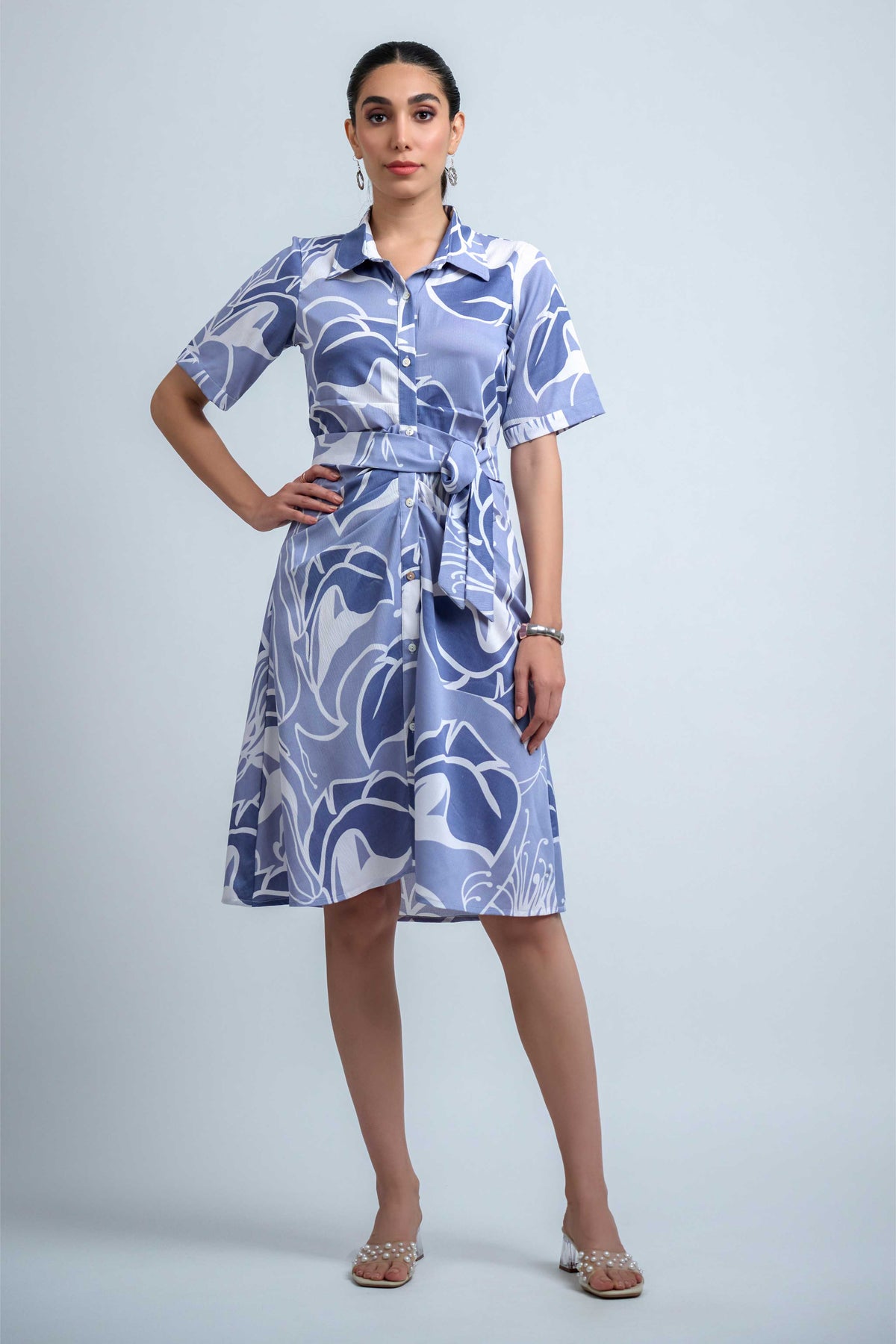 Sky Blue-White Poly Crepe Point Collar Regular Sleeves Abstract Knee Length Dress