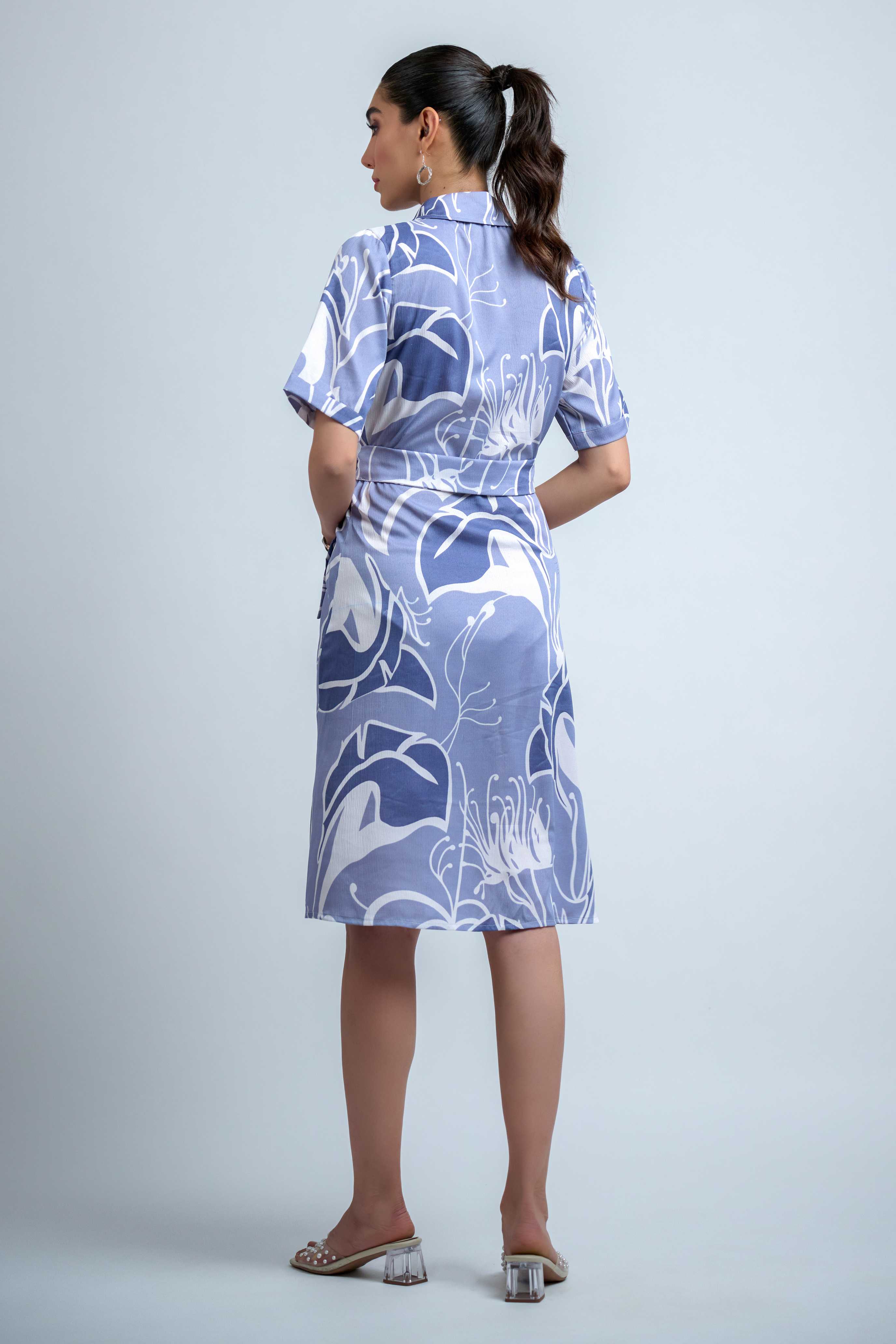 Sky Blue-White Poly Crepe Point Collar Regular Sleeves Abstract Knee Length Dress