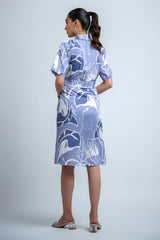 Sky Blue-White Poly Crepe Point Collar Regular Sleeves Abstract Knee Length Dress