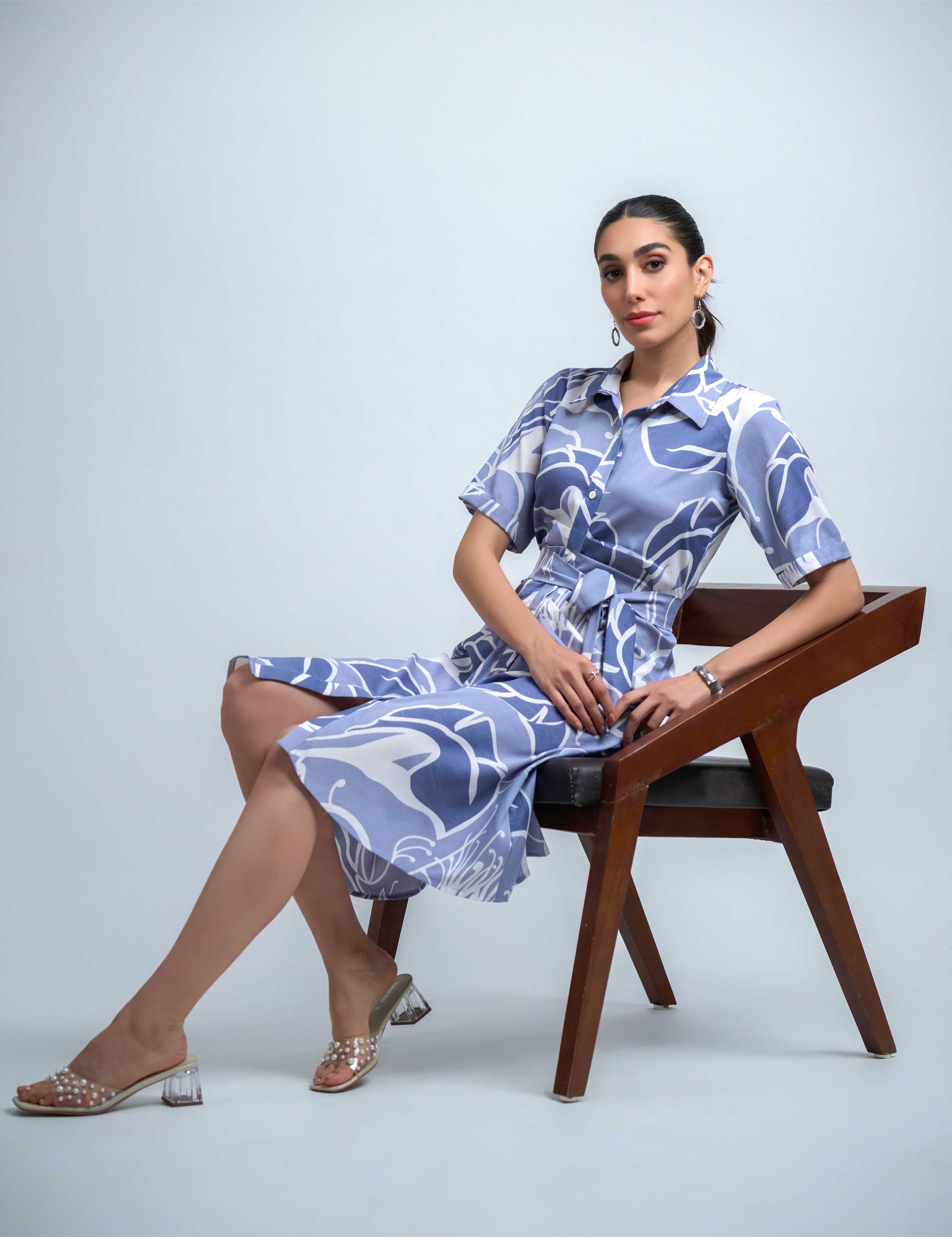 Sky Blue-White Poly Crepe Point Collar Regular Sleeves Abstract Knee Length Dress