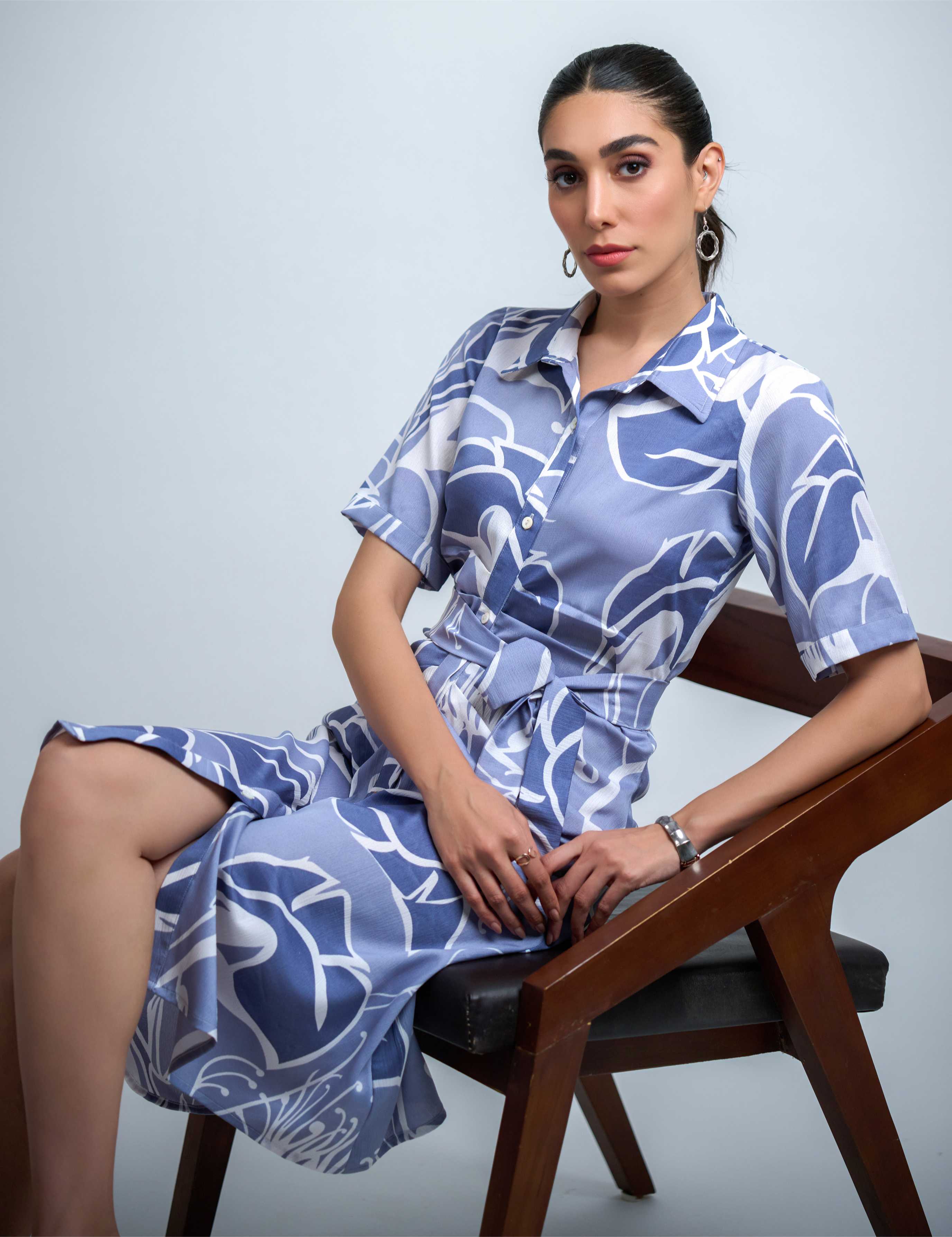 Sky Blue-White Poly Crepe Point Collar Regular Sleeves Abstract Knee Length Dress