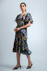 Black-Sky Blue Poly Crepe Ruffle Sleeve Floral Print Dress