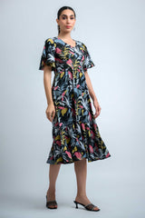 Black-Sky Blue Poly Crepe Ruffle Sleeve Floral Print Dress