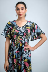 Black-Sky Blue Poly Crepe Ruffle Sleeve Floral Print Dress
