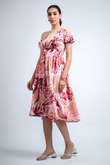 White-Pink Poly Crepe Puff Sleeves Floral Print Dress
