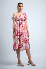 White-Pink Poly Crepe Puff Sleeves Floral Print Dress