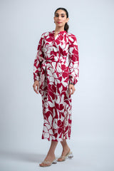 Magenta Poly Crepe Floral Print Elastic Gathered Dress