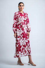 Magenta Poly Crepe Floral Print Elastic Gathered Dress