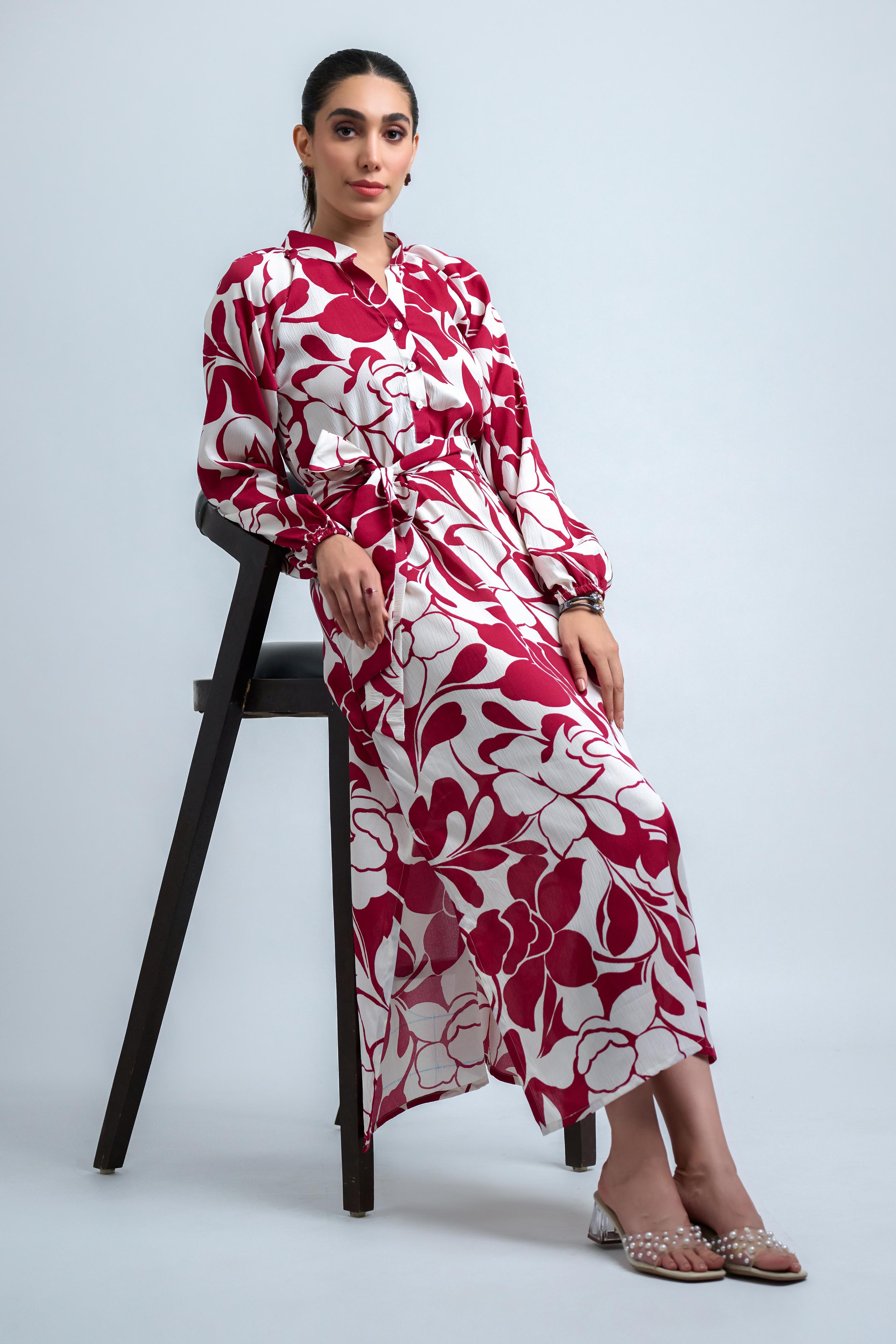 Magenta Poly Crepe Floral Print Elastic Gathered Dress