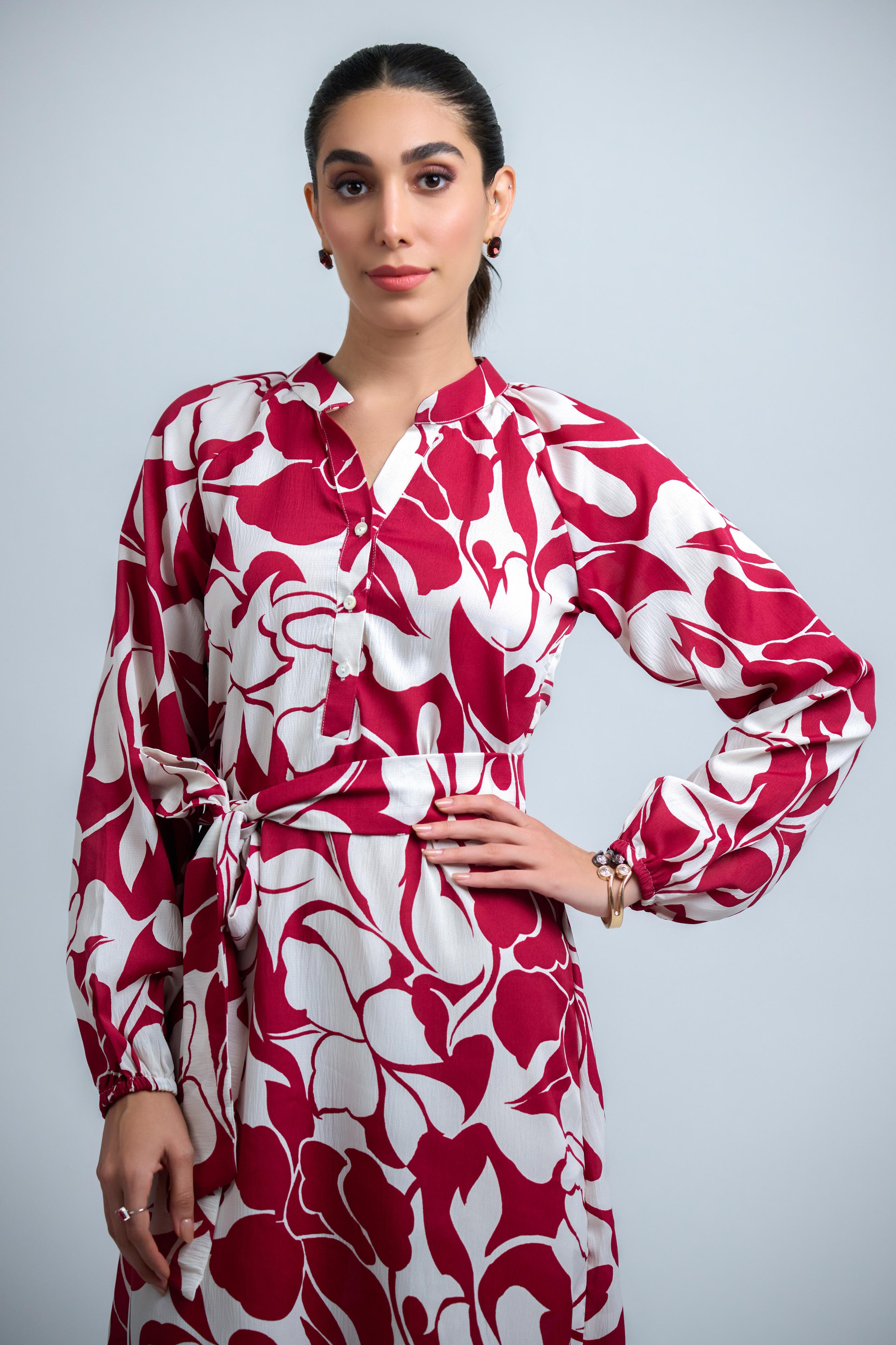 Magenta Poly Crepe Floral Print Elastic Gathered Dress