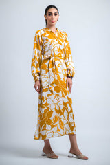 Mustard Poly Crepe Elastic Gathered Floral Print Dress