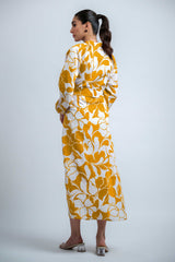 Mustard Poly Crepe Elastic Gathered Floral Print Dress