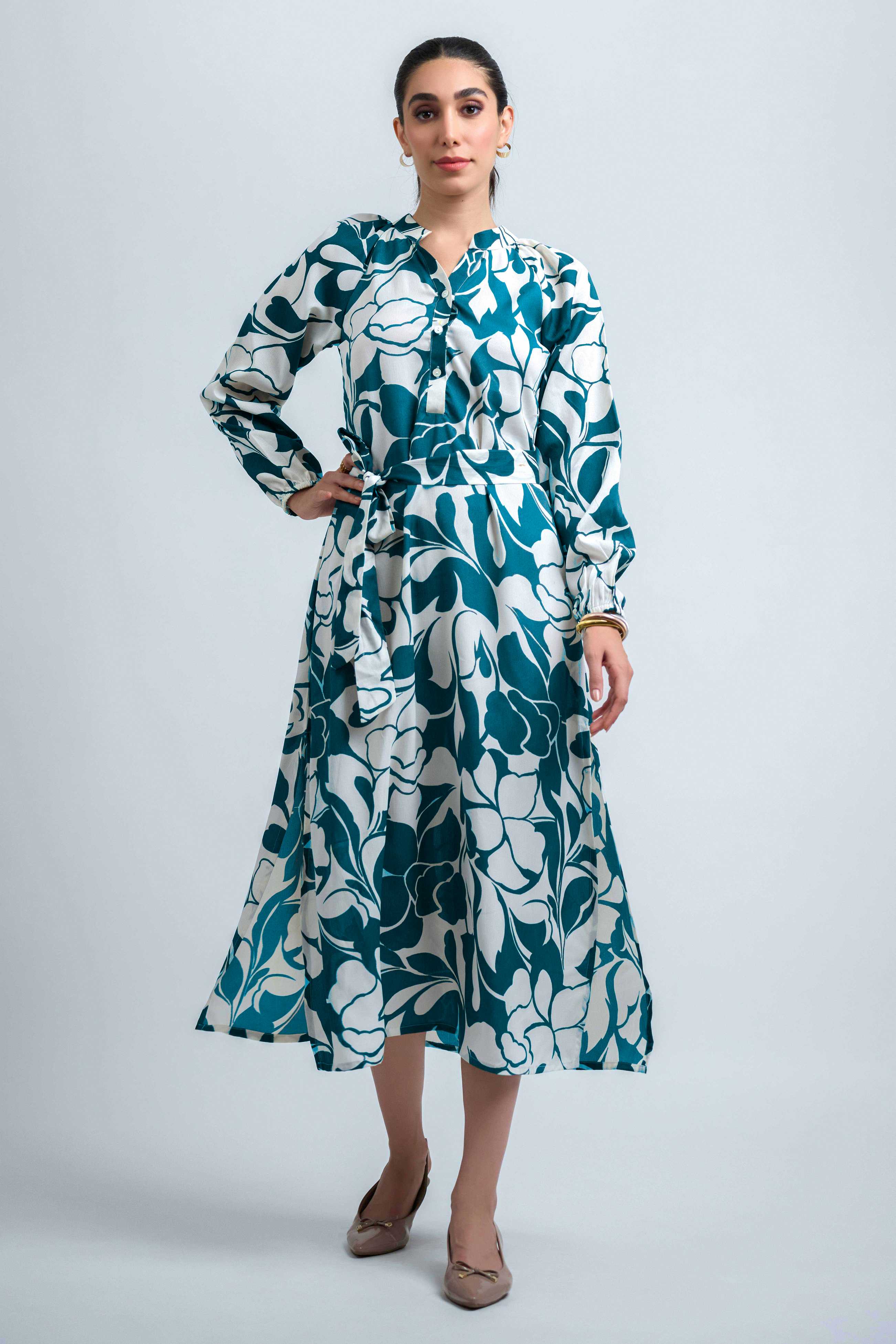 Teal Blue Poly Crepe Elastic Gathered Floral Print Dress