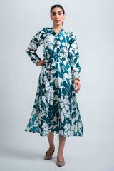 Teal Blue Poly Crepe Elastic Gathered Floral Print Dress