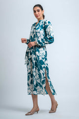 Teal Blue Poly Crepe Elastic Gathered Floral Print Dress