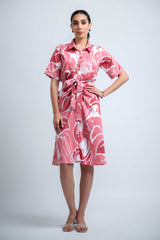 Peach-White Poly Crepe Point Collar Regular Sleeves Abstract Knee Length Dress