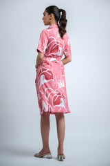 Peach-White Poly Crepe Point Collar Regular Sleeves Abstract Knee Length Dress