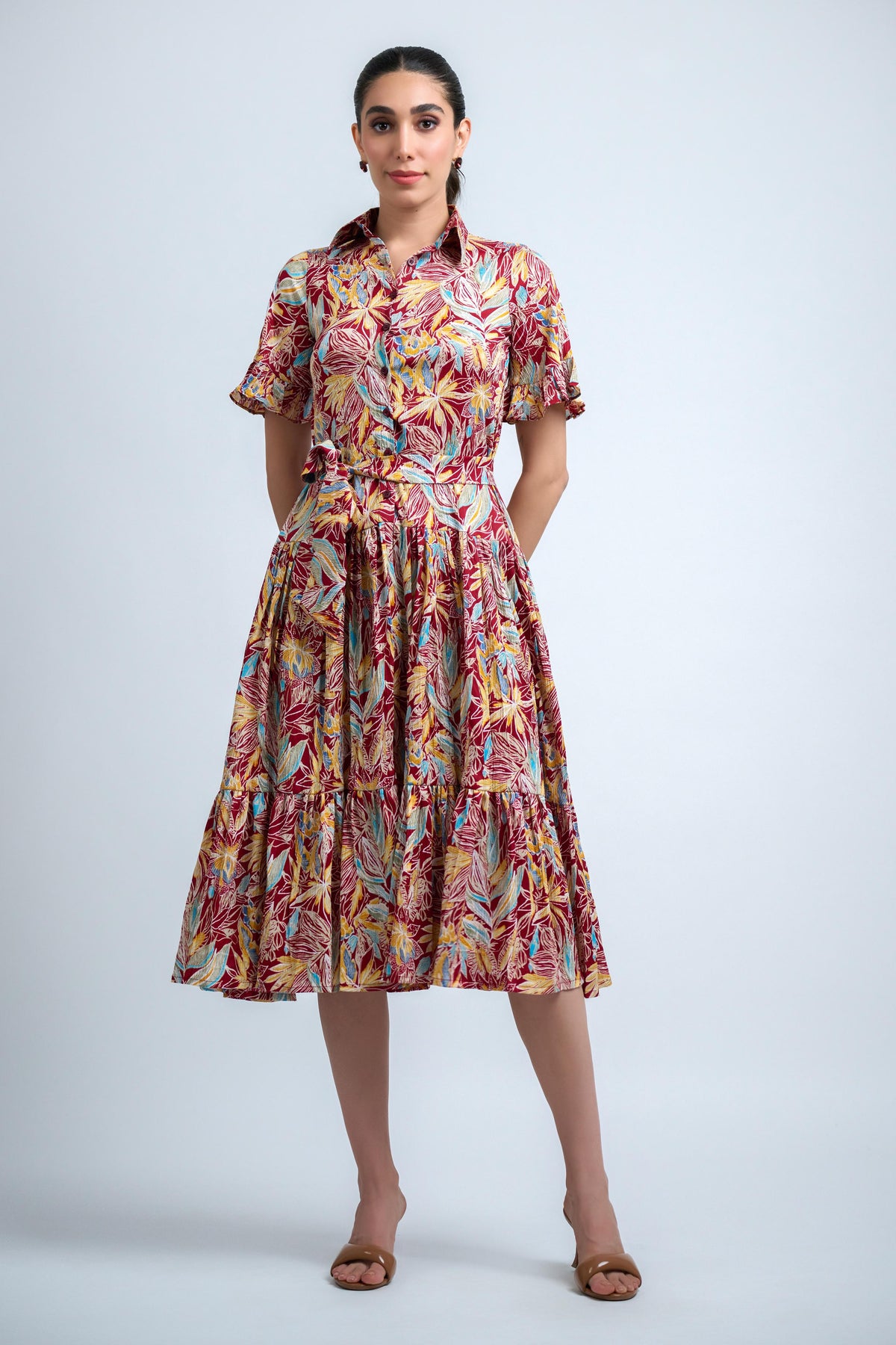 Red Poly Crepe Floral Print Ruffle Sleeve Dress