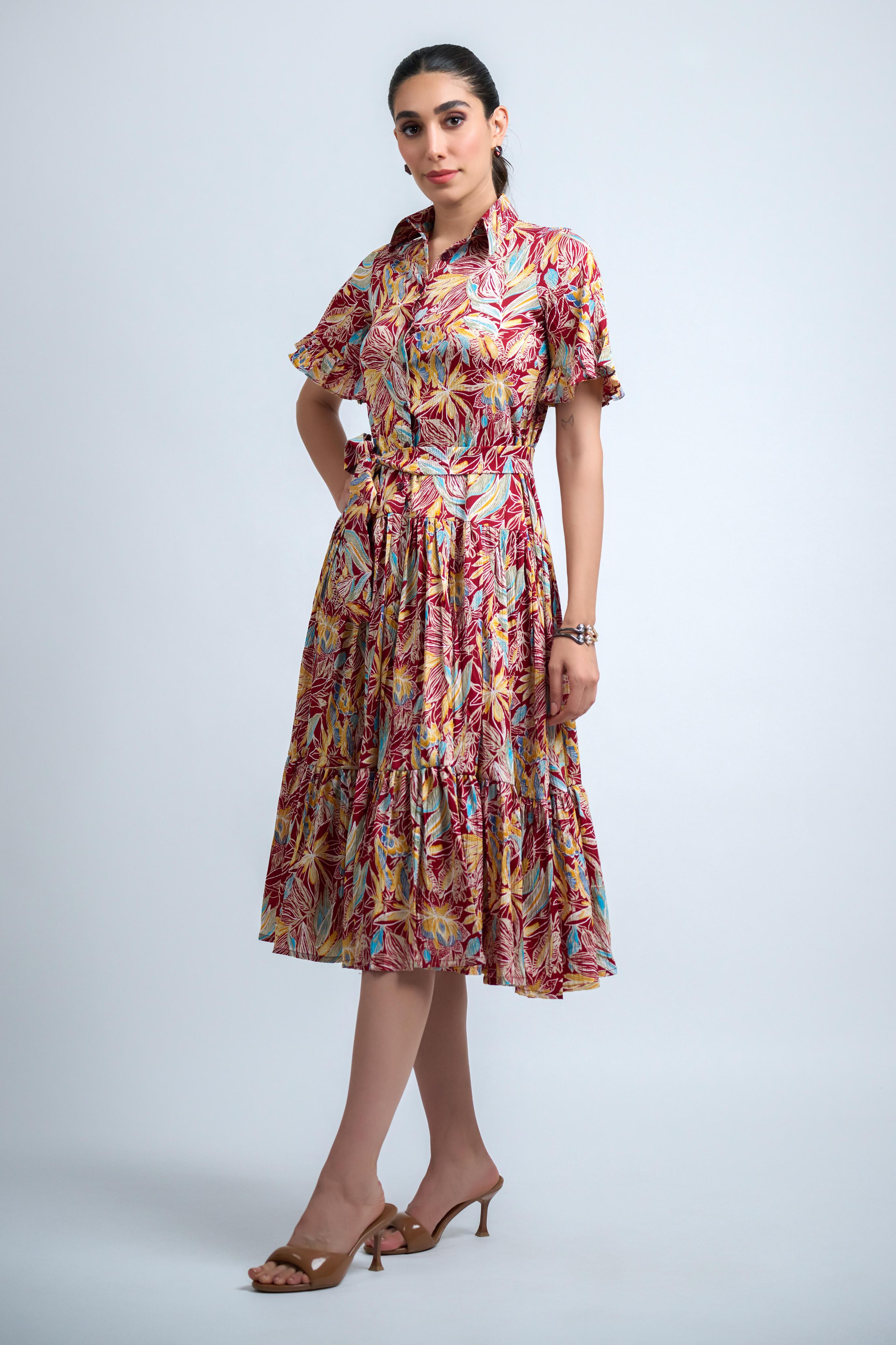 Red Poly Crepe Floral Print Ruffle Sleeve Dress