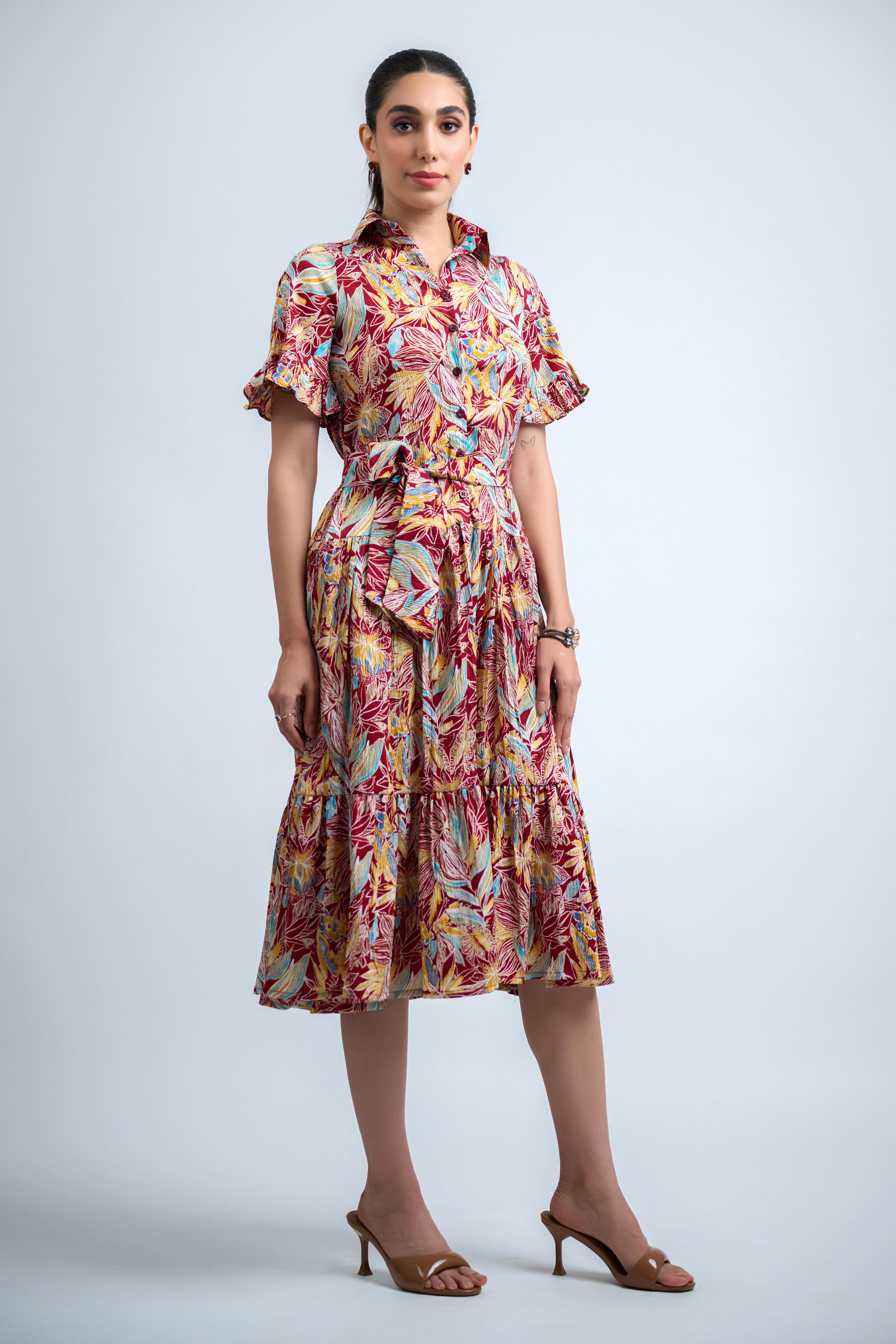 Red Poly Crepe Floral Print Ruffle Sleeve Dress