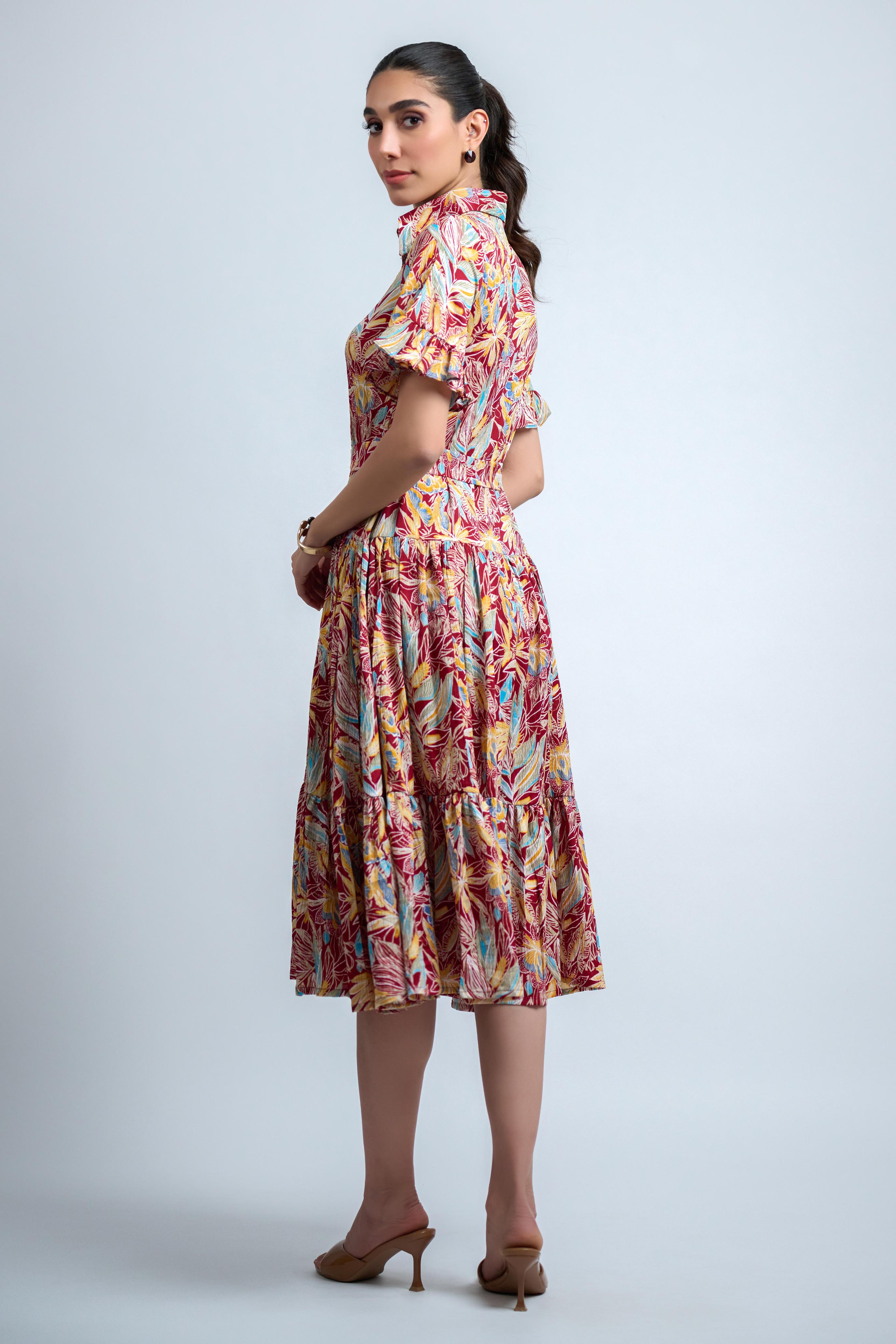 Red Poly Crepe Floral Print Ruffle Sleeve Dress