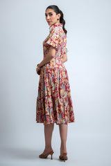 Red Poly Crepe Floral Print Ruffle Sleeve Dress