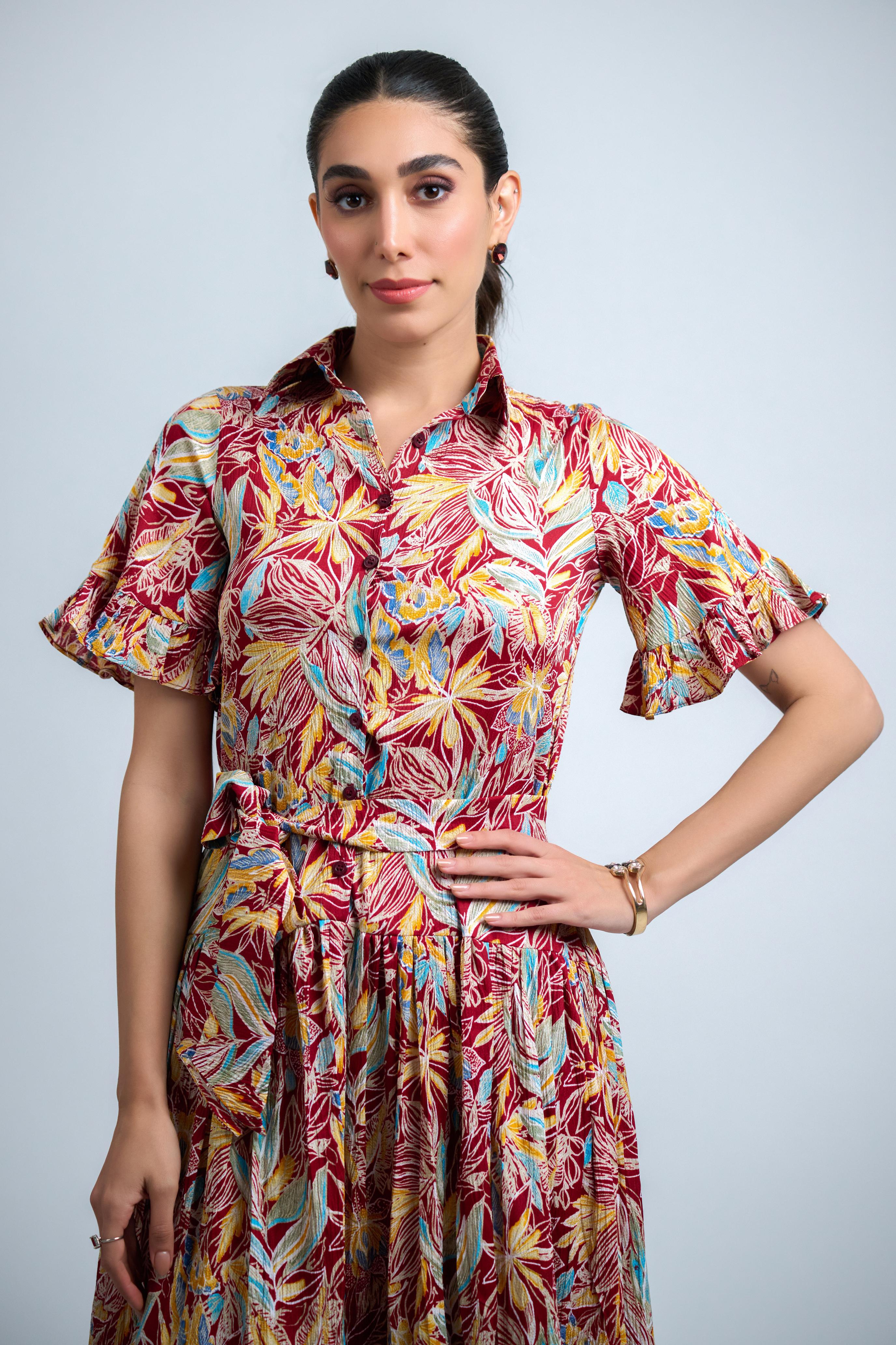 Red Poly Crepe Floral Print Ruffle Sleeve Dress