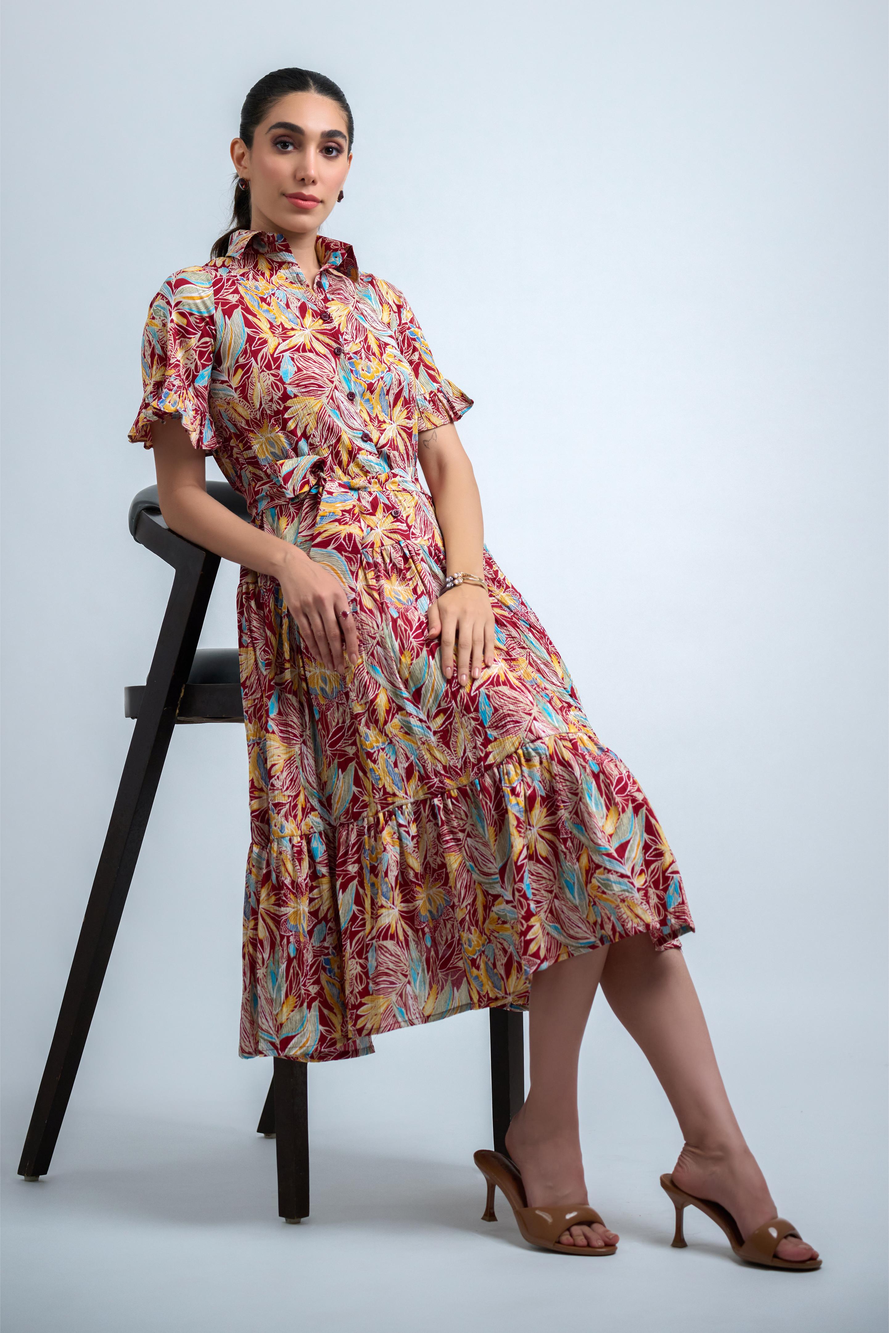 Red Poly Crepe Floral Print Ruffle Sleeve Dress
