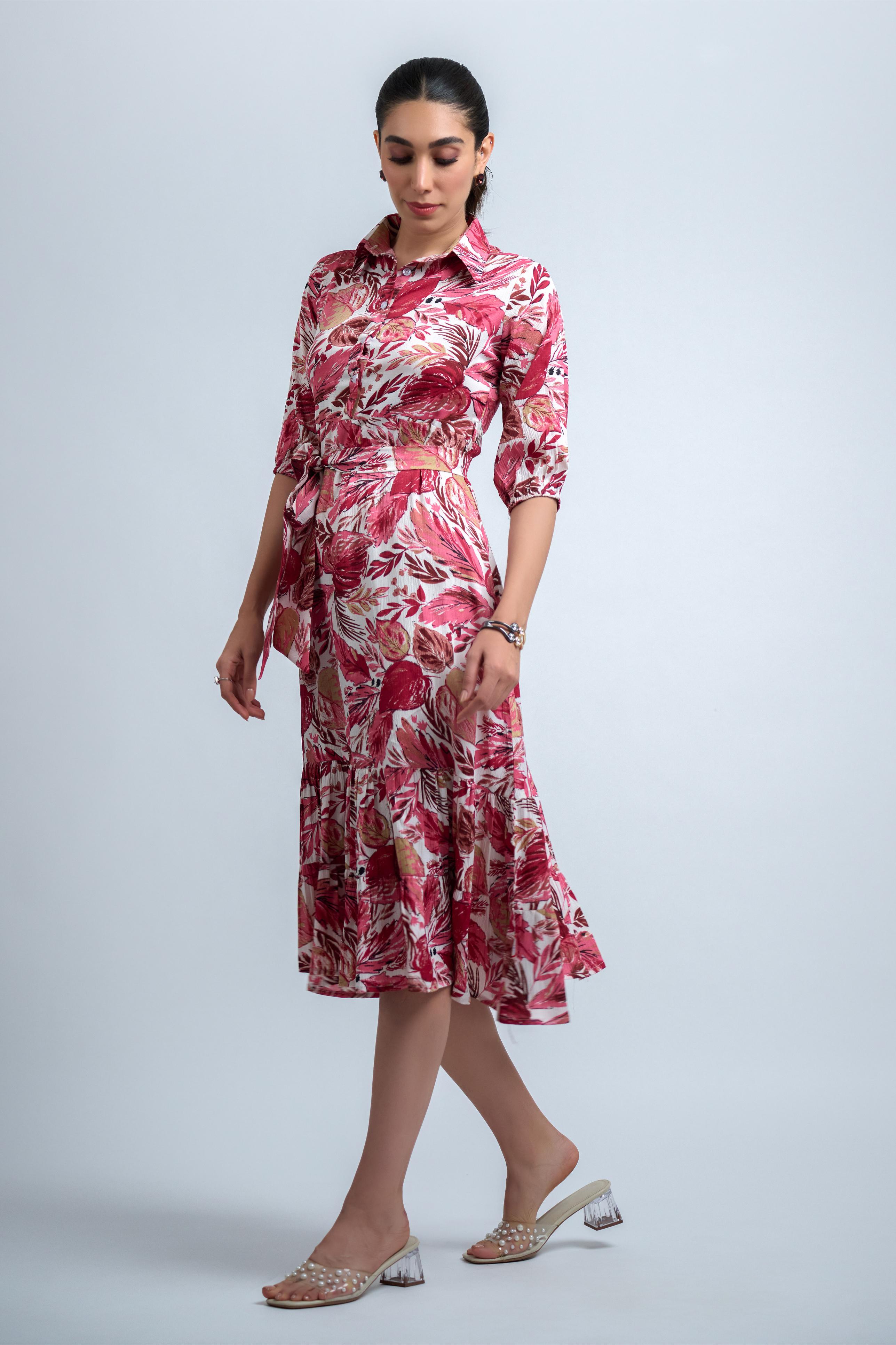 Pink-White Poly Crepe Floral Print Elastic Gathered Dress