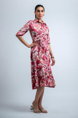 Pink-White Poly Crepe Floral Print Elastic Gathered Dress