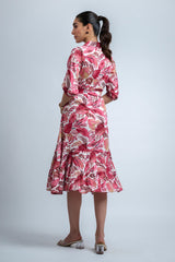 Pink-White Poly Crepe Floral Print Elastic Gathered Dress