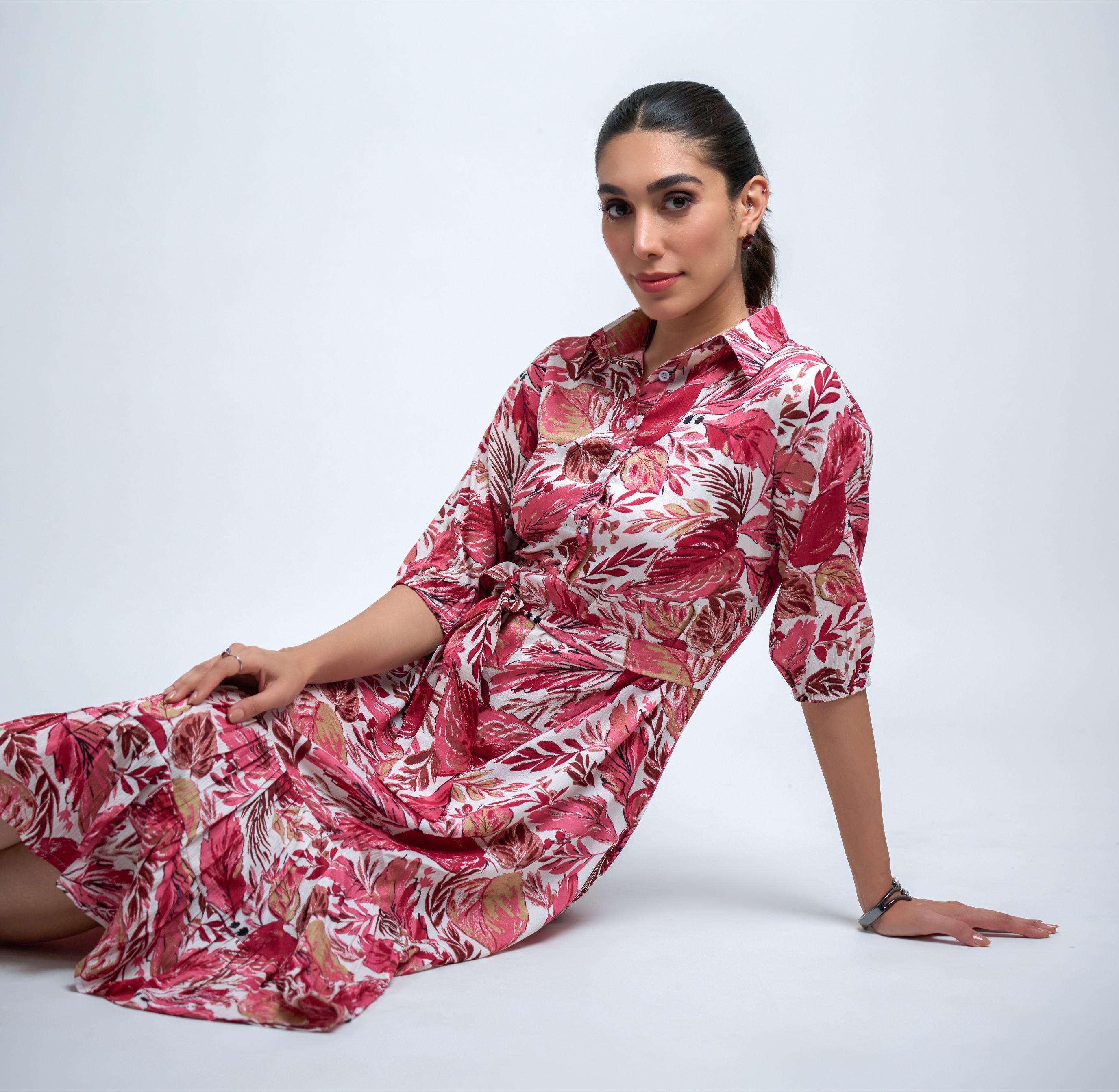 Pink-White Poly Crepe Floral Print Elastic Gathered Dress