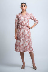 Rust-Offwhite Wrinkle Satin Cuff Sleeve Abstract Dress