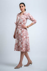 Rust-Offwhite Wrinkle Satin Cuff Sleeve Abstract Dress