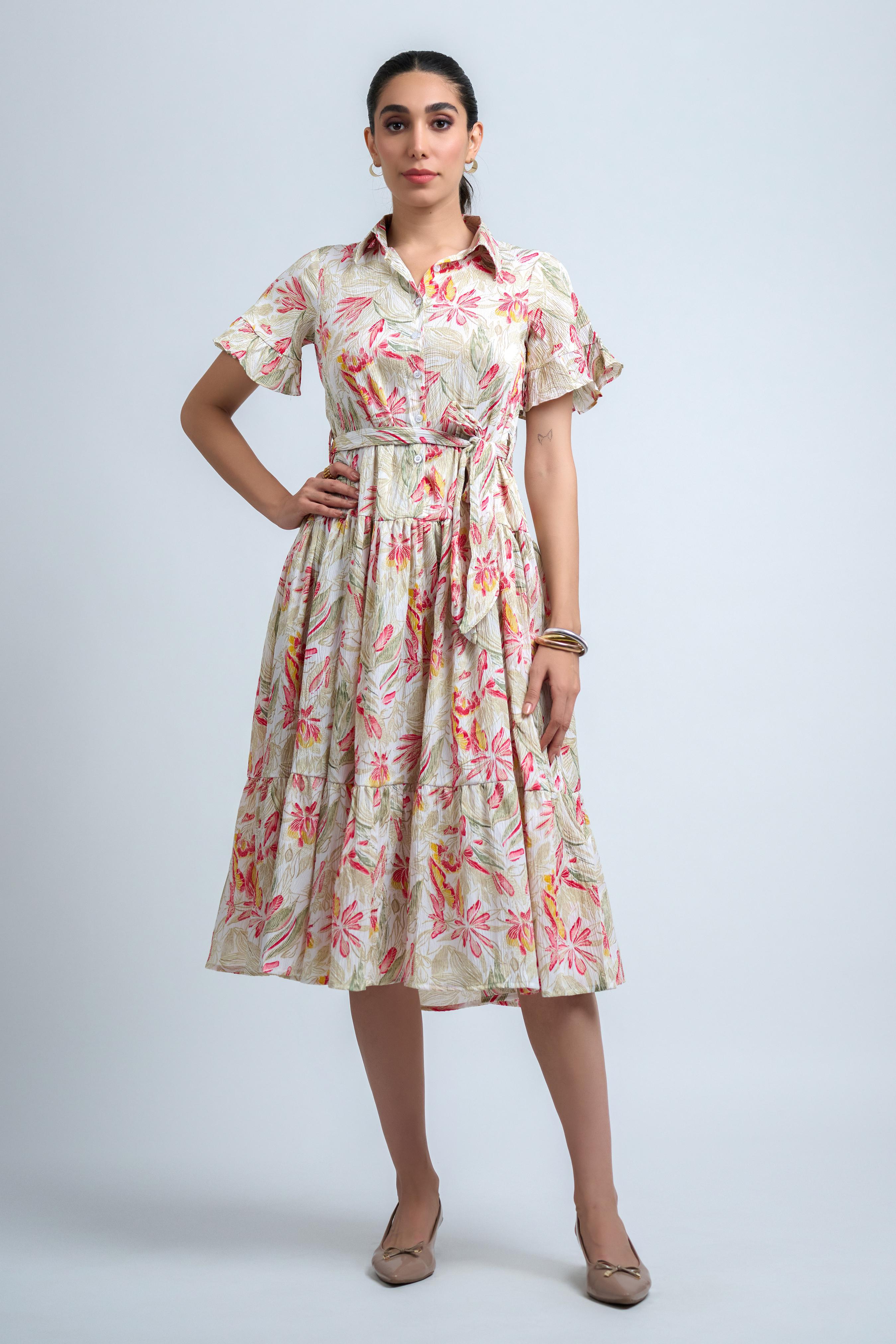 Cream-Pink Poly Crepe Floral Print Ruffle Sleeve Dress